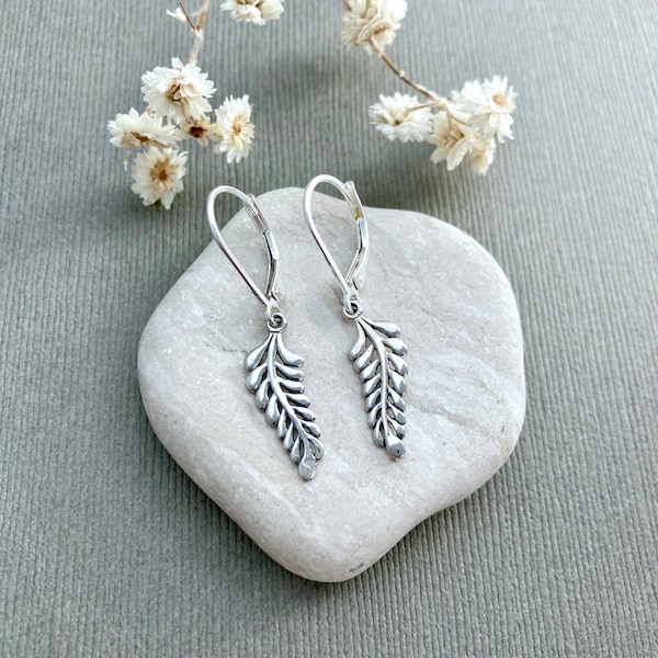 Sterling silver fern leaf earrings, delicate leaf everyday leverback earrings, simple modern minimalist jewelry, gifts for her, mom ND293S