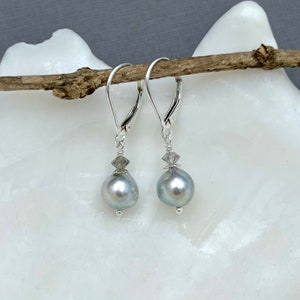 Akoya pearl earrings silver blue Japanese saltwater pearls sterling silver leverback earrings elegant jewelry gift ideas for mom E540