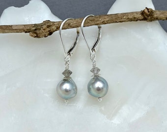 Akoya pearl earrings, silver blue Japanese saltwater pearls, sterling silver leverback earrings, elegant jewelry, gifts for mom E540