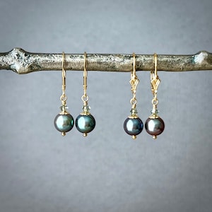 Black pearl earrings 14k gold filled leverback earrings 6 - 7mm dainty peacock freshwater pearls crystal accent everyday earrings E660G