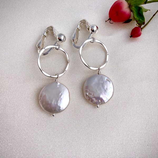 Baroque pearl large coin dangle earrings, sterling silver leverbacks, hook or clip on non-pierced earrings, Mother's Day gift for mom E241