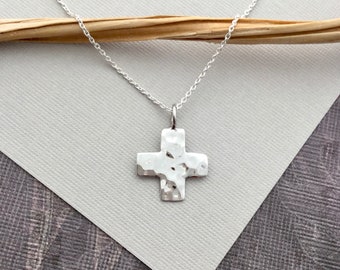 Hammered cross, Sterling silver Greek cross necklace, equal arm, religious confirmation first communion gift, Christian mans ND356L