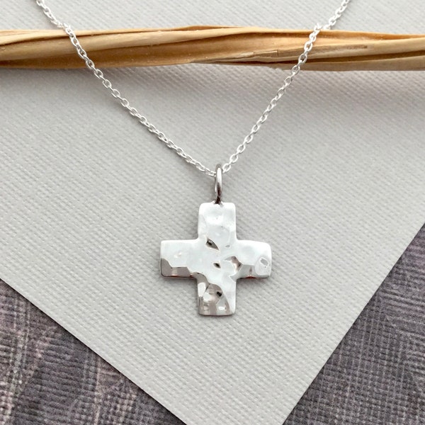 Hammered cross, Sterling silver Greek cross necklace, equal arm, religious confirmation first communion gift, Christian mans ND356L