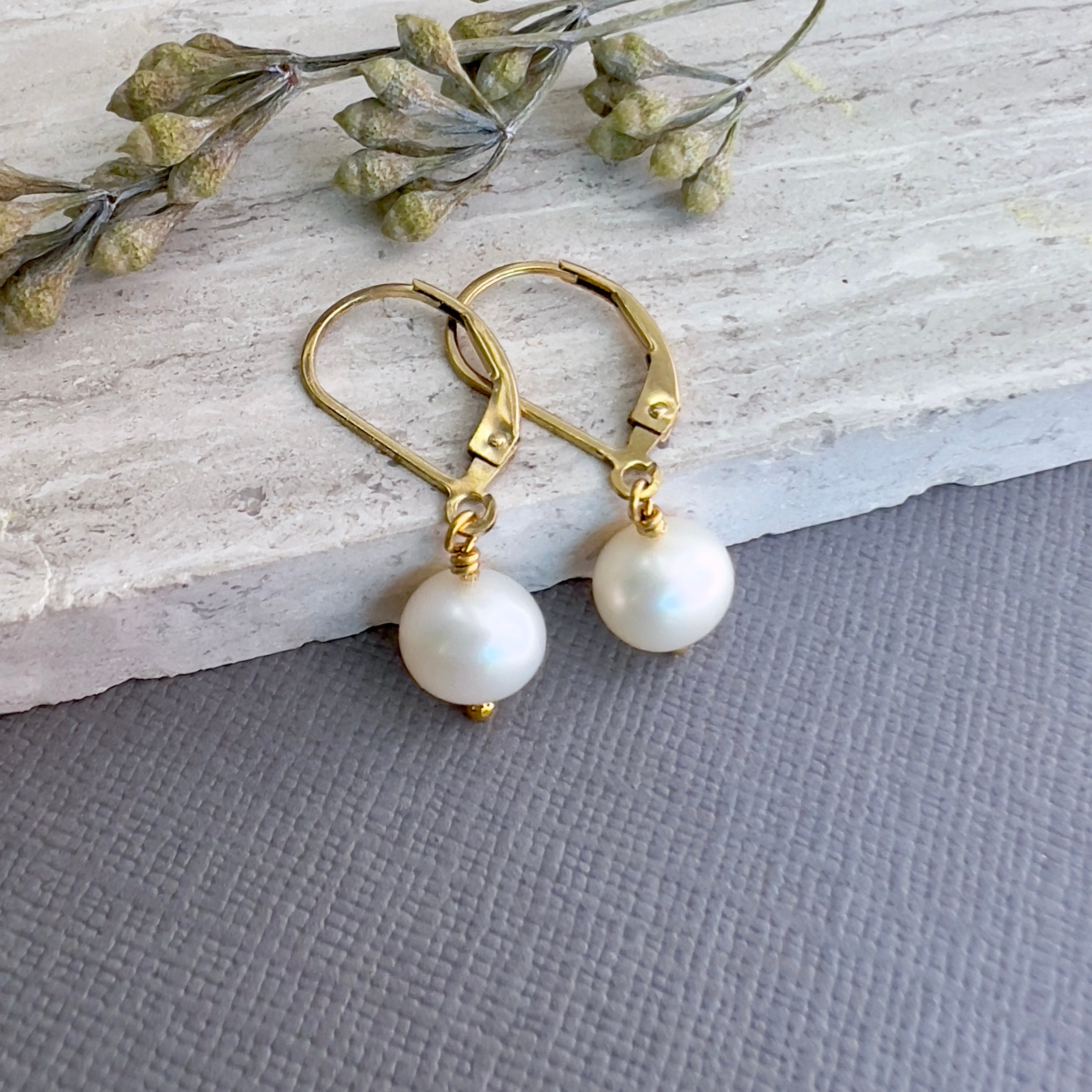 24K Gold Plated Simple Pearl Dangle Earrings, White Pearl Earrings, Pearl Wedding Earrings