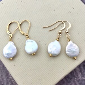 White coin pearl earrings, freshwater baroque real pearls, gold filled lever back dangle earrings. Mother's Day gift ideas for Mom E140G image 8