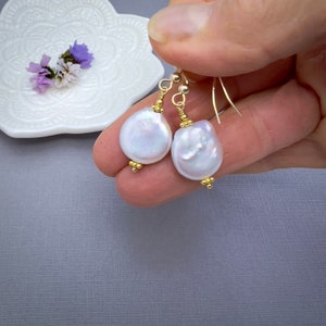 White coin pearl earrings, freshwater baroque real pearls, gold filled lever back dangle earrings. Mother's Day gift ideas for Mom E140G image 3