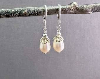 Pearl bridal earrings, teardrop fancy silver filigree Victorian style wedding jewelry, bridesmaid, maid of honor, matron of honor gift E644G
