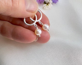 Pearl hoop earrings, sterling silver drop pearl huggie hoops, 15mm hoop, 6.5 - 7 mm pearls, small silver tube hinged locking hoops HS746