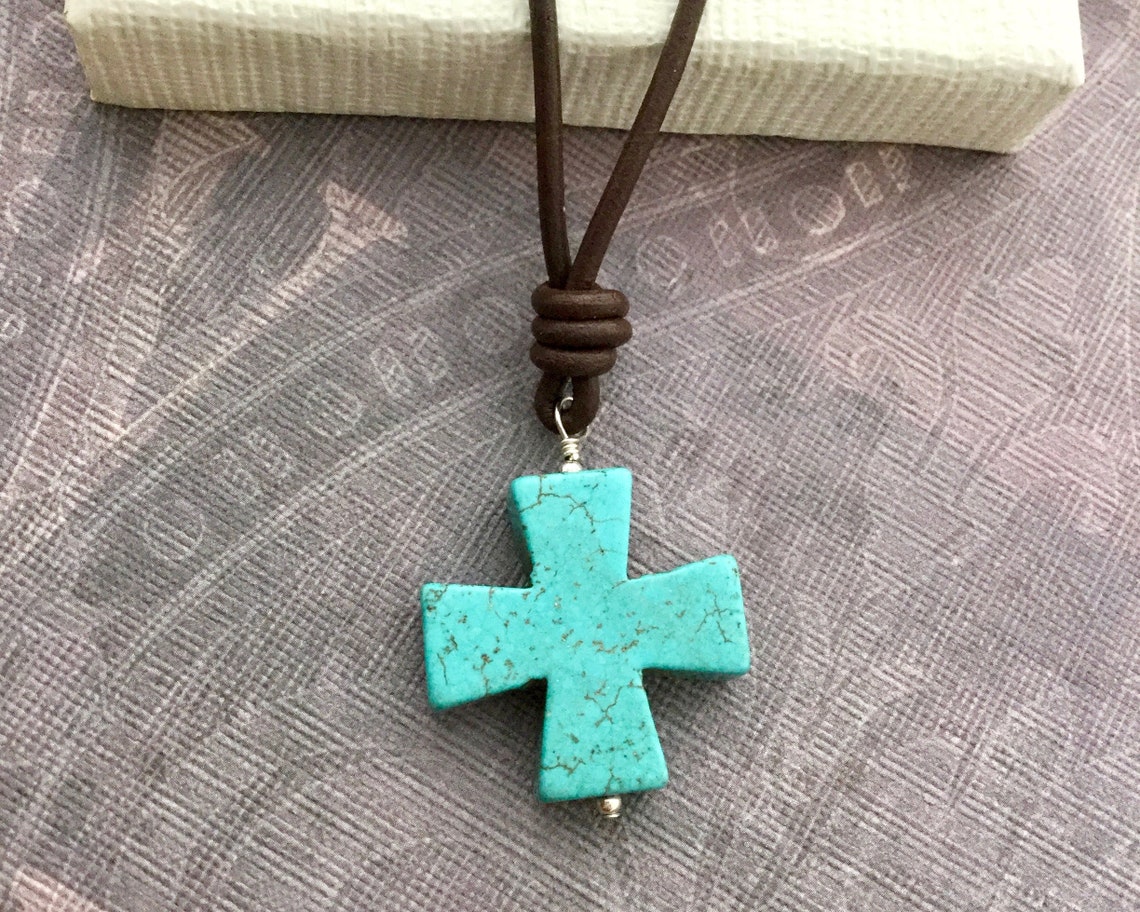 Turquoise Cross Necklace Leather Cord Necklace Greek Cross Etsy