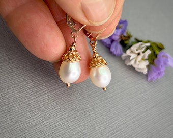 Pearl bridal earrings, leverback earrings, rose gold Victorian wedding jewelry, mother of the bride, matron of honor, mom sister gift E644G