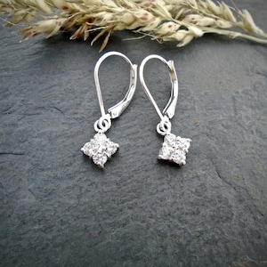 Sterling silver cz dangle drop earrings, cubic zirconia leverback earrings, bridal jewelry, wedding earrings, diamond cluster cz HS315S