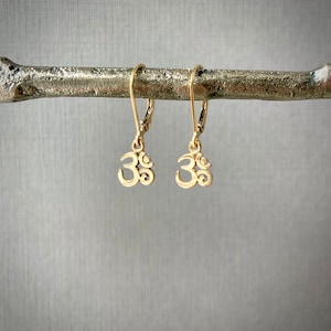 Om earrings, dainty gold namaste charms, leverback earrings, aum ohm yoga jewelry, minimalist earrings ND280BZ