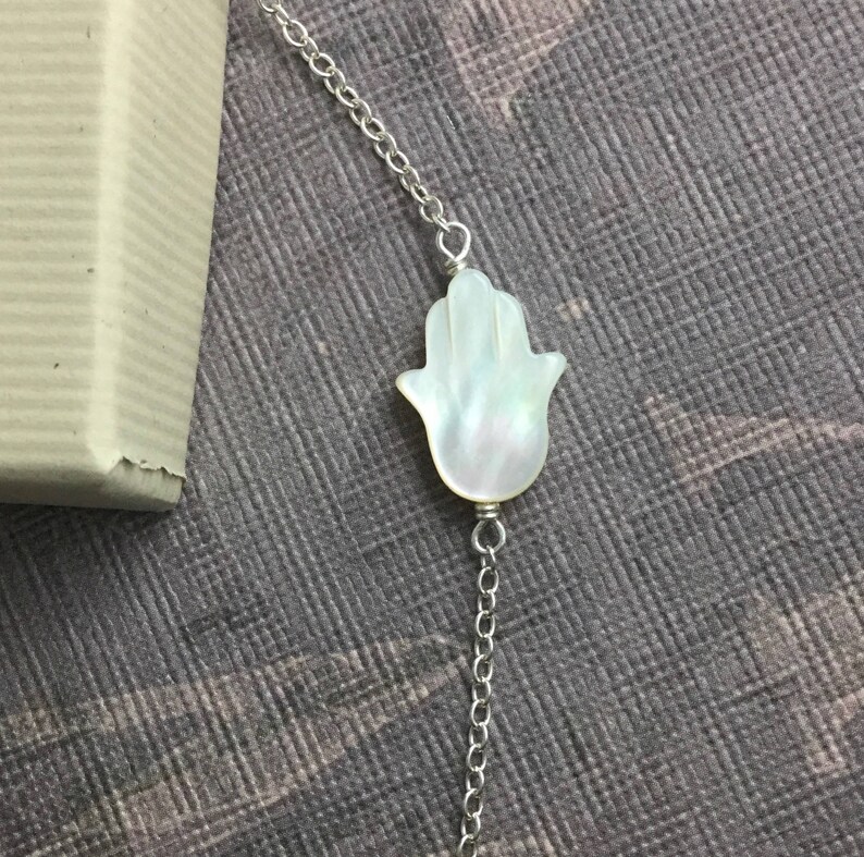 Mother of pearl Hamsa hand necklace Hand of Fatima sideways charm protection amulet Talisman jewelry N347S sterling silver chain choker