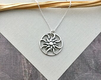 Sunray necklace, sterling silver sunburst, spiral cheerful sunshine pendant, rustic jewelry, gift for mom, Mother's day gift ND294