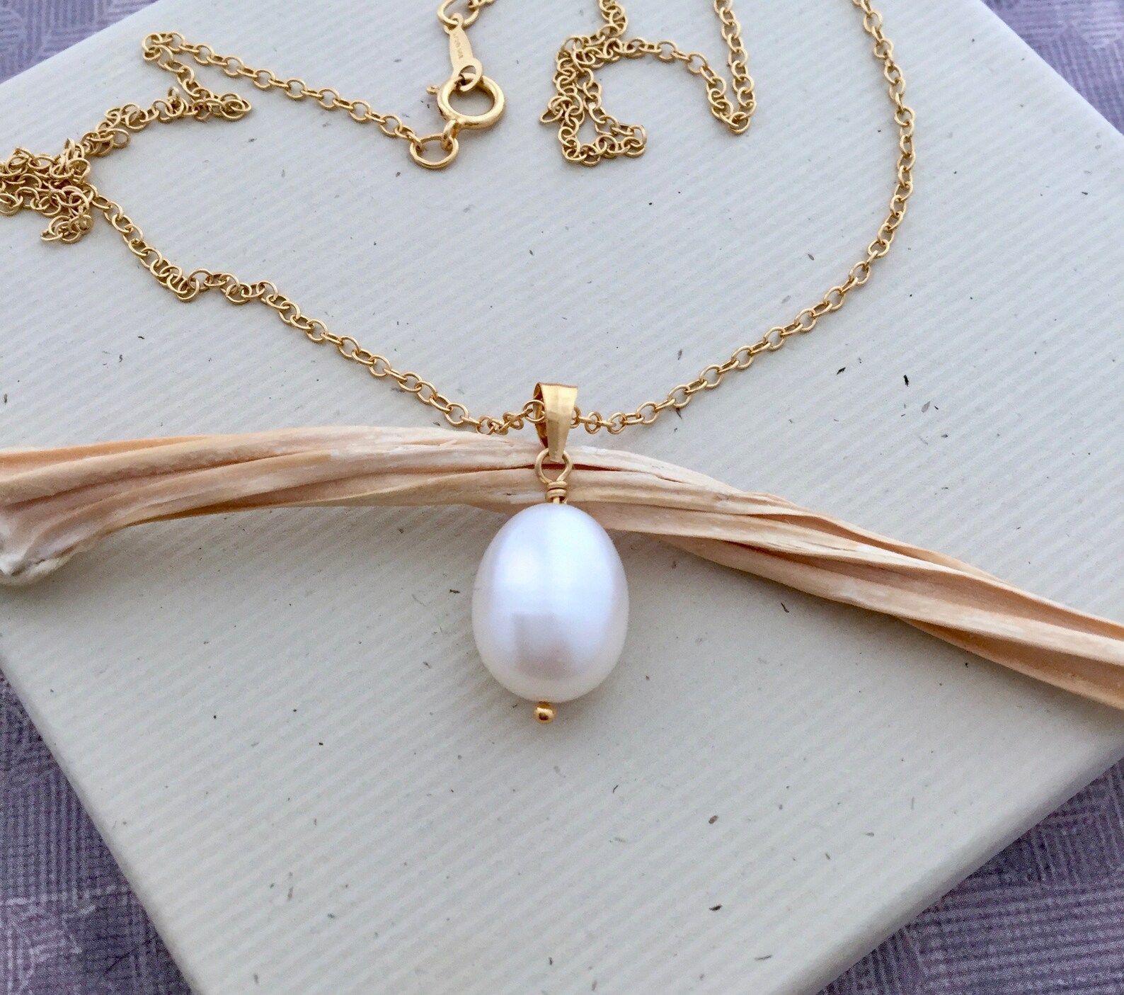 Pearl drop necklace gold filled chain single oval real pearl Etsy