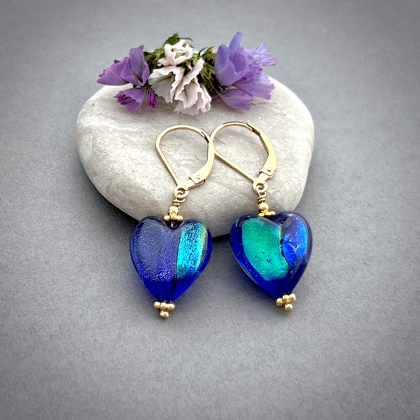 Murano glass earrings, Purple dichroic glass hearts, aqua blue, gold lever back earrings, unique lampwork beads, statement jewelry MR682