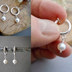 Clip-on pearl hoop earrings, sterling silver hoops, huggie non-pierced hoop with real pearls 5mm to 6mm, gift ideas for girl, daughter E558S