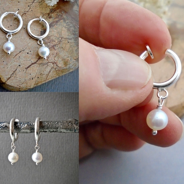 Clip-on pearl hoop earrings, sterling silver hoops, huggie non-pierced hoop with real pearls 5mm to 6mm, gift ideas for girl, daughter E558S