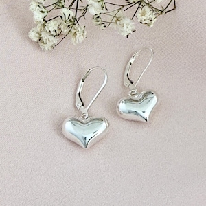 Sterling silver heart drop leverback dangle earrings cute large puffy heart charms simple modern minimalist Valentine gifts for her E312S