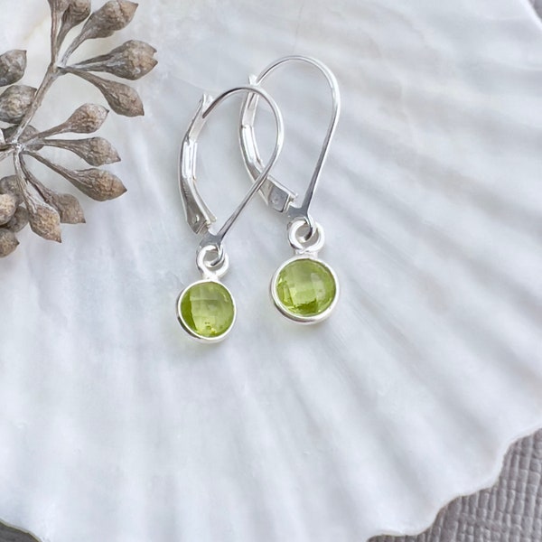 Tiny peridot earrings, dainty green gemstones, sterling silver dangle leverback earrings, August birthstone jewelry, birthday gift CG695S