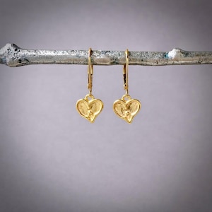 Gold Vermeil Earrings Dainty Heart Design Birthday Present Idea Girlfriend Gift Option Daughter Jewelry Choice Minimalist Style Earrings Leverback Closure System Everyday Wear Accessory Simple Elegant Look Tiny Heart Charm Polished Surface