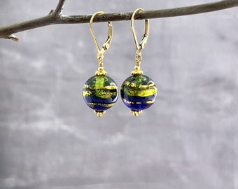 Murano glass earrings, blue and green Serale navy gold Venetian lampwork beads, 14k gold filled lever back earrings, gifts for mom E393G