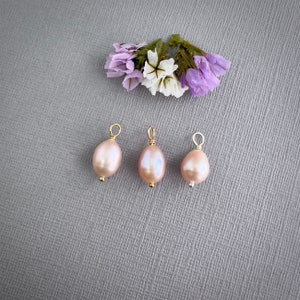 Pink pearl charm 14k gold or rose gold filled sterling silver wire wrapped single real pink freshwater pearl oval teardrop shape E228