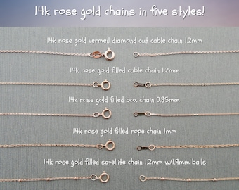 Rose gold chain for pendant, cable chain, diamond cut cable, rope or box chain, 16, 18, 20, 24 inches, rose gold layering jewelry RG-chain