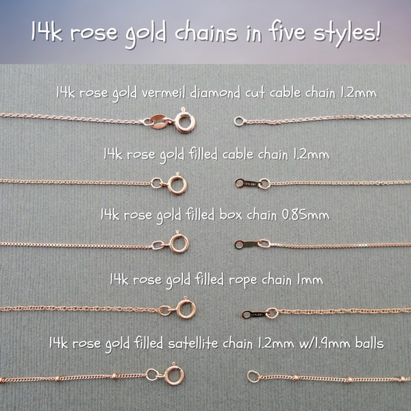 Rose gold chain for pendant, cable chain, diamond cut cable, rope or box chain, 16, 18, 20, 24 inches, rose gold layering jewelry RG-chain