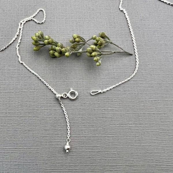 Adjustable sterling silver chain necklace for pendant, small diameter end loop, diamond cut cable chain, sliding smart bead, 14 to 36 inches