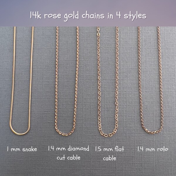 Rose gold chain for pendant, diamond cut cable, flat cable, rolo, snake chain, layering jewelry, thin 14k rose gold filled or vermeil chain