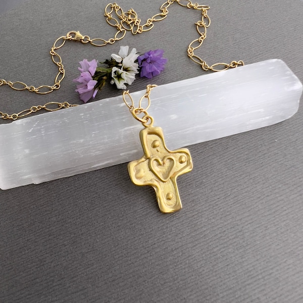 Gold cross necklace, unique artisan pendant, handmade religious Christian jewelry, women's necklace N278