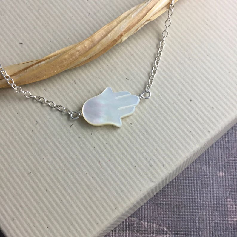 Mother of pearl Hamsa hand necklace Hand of Fatima sideways charm protection amulet Talisman jewelry N347S sterling silver chain choker