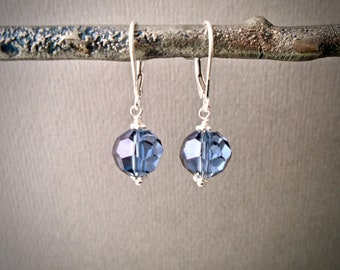 Blue crystal earrings, Montana denim blue faceted crystals, small simple sterling silver leverback earrings, everyday jewelry E662S