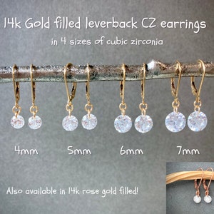 Cubic zirconia solitaire leverback earrings, 4mm, 5mm, 6mm, 7mm CZ, brilliant cut, minimalist jewelry, 14k rose gold or gold filled E229G/R