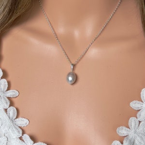 Silver gray pearl pendant necklace, large oval real freshwater pearl, sterling silver, gifts for mom, her N523