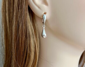 Solid silver teardrop earrings, domed teardrop latch back ear wire, 925 sterling silver dangle drops, simple modern minimalist E582L