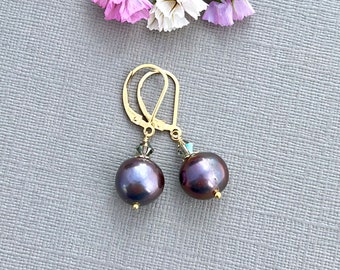 Black pearl earrings, gold filled leverback earrings, 10mm round peacock freshwater pearls with crystal accents, everyday earrings E660G