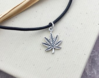 Hippie stoner necklace, sterling silver marijuana cannabis leaf weed pendant leather cord, men's jewelry gift, boyfriend gift for man MS119