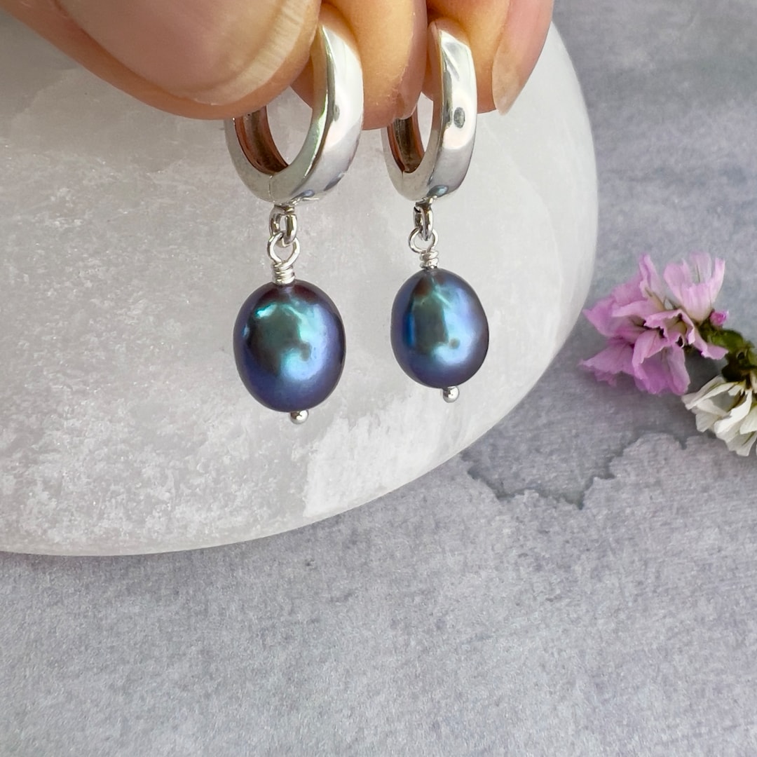 Black Pearl Hoop Earrings, Thick Sterling Silver Hoops, Teal or Blue