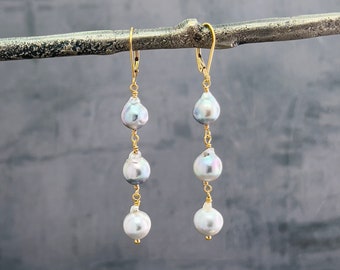 Silver blue Japanese Akoya saltwater 3 wire wrapped linear pearl dangle earrings, gold or silver leverback earrings, handmade jewelry E725