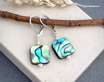 Abalone shell earrings, Paua shell earrings, sterling silver leverback, everyday beach jewelry, turquoise blue green 12mm square E494S