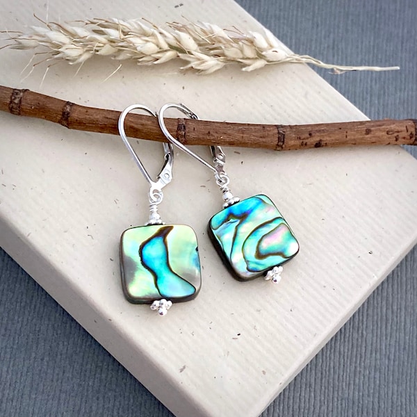 Abalone shell earrings, Paua shell earrings, sterling silver leverback, everyday beach jewelry, turquoise blue green 12mm square E494S