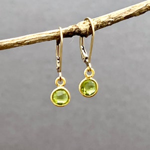 Peridot dangle earrings, minimalist dainty green bezel gemstone, gold filled leverback earrings, August birthstone, birthday gift E695