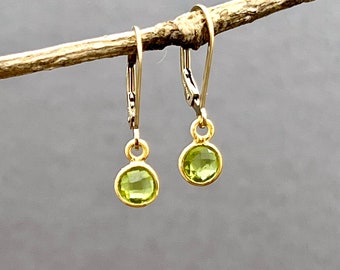 Peridot dangle earrings, minimalist dainty green bezel gemstone, gold filled leverback earrings, August birthstone, birthday gift E695