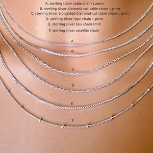 May include: Six different sterling silver chains, including cable, diamond cut cable, elongated diamond cut cable, rope, box, and satellite chains. The chains are laid out in order of style, with the cable chain at the top and the satellite chain at the bottom. Each chain is labeled with a letter and a description.