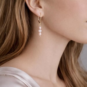 Pink Pearl Earrings Dainty Design Freshwater Pearls Trio Stacked Elegant Bridal Jewelry Wedding Accessory Bridesmaid Gift Gold Filled Option Sterling Silver Alternative Feminine Style Minimalist Look Special Occasion Wear Everyday Elegance