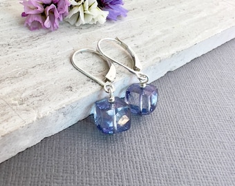 Purple blue gemstone cube earrings, Iolite sterling silver leverback earrings, periwinkle blue minimalist jewelry, girlfriend gift E651S