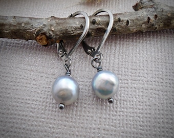 Pearl drop earrings, oxidized sterling silver, natural gray blue drop pearls, hypoallergenic surgical steel lever back E668ST-GR