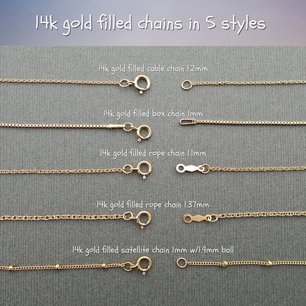 Gold chain for pendant, thin gold chain, cable, rope chain, box chain, 16, 18, 20, 24, 30 inches, 14k gold filled layering necklace GF-Chain